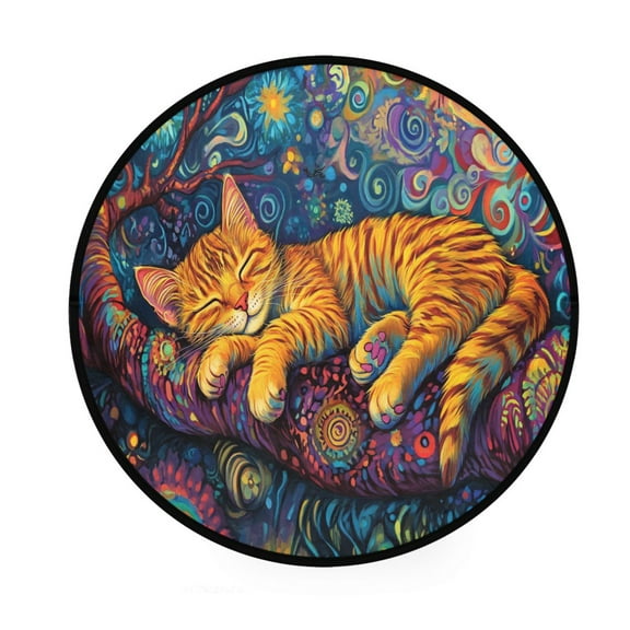 BZSMCE Round Decorative Floor Mat Colorful Cat Sleeping on Branch Pattern 36.2IN