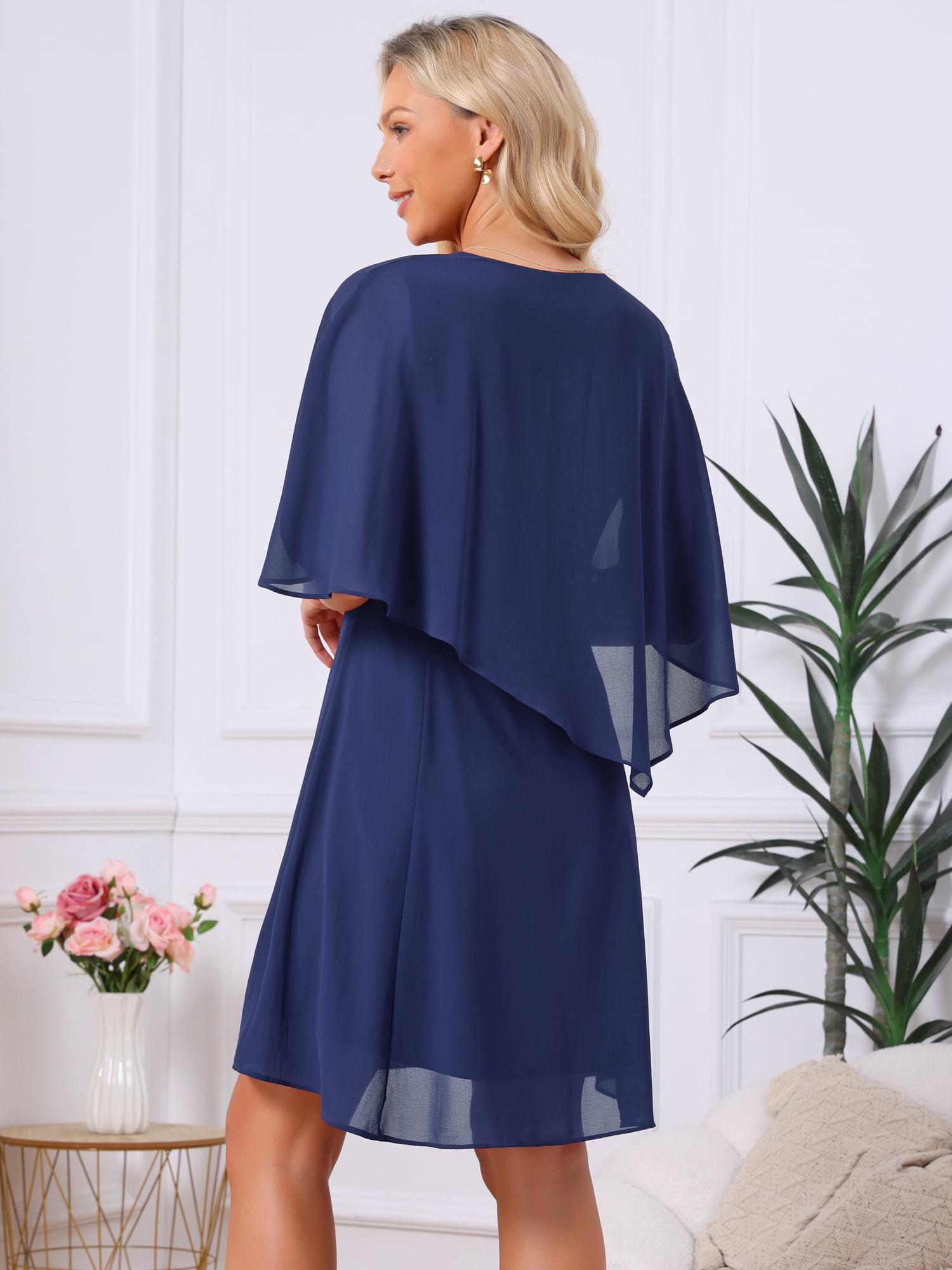 DARING DIVA Women's Chiffon Half Sleeve V Neck Wedding Guest Dress S Dark Blue