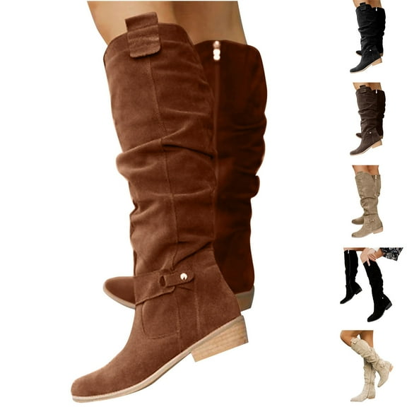 Pandaie Cowboy Knee High Boots Women Suede Wide Calf Western Cowgirl Boots Chunky Low Heel Riding Dress Winter Shoes for Ladies Beige 7