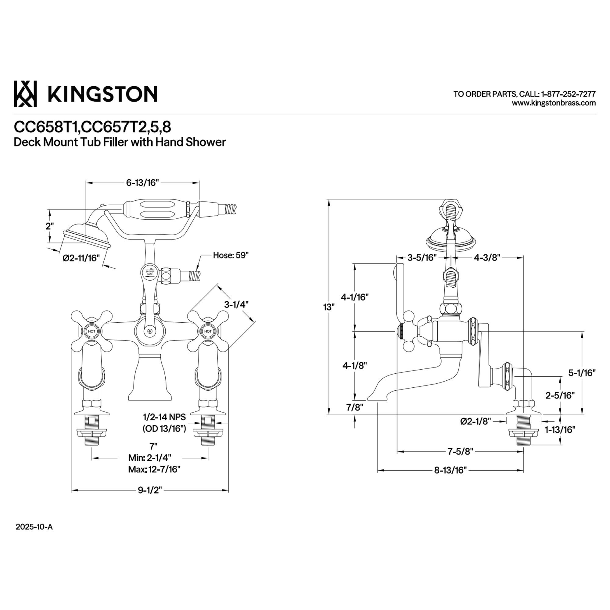 Kingston Brass CC658T1 Vintage 7" Adjustable Center Deck-Mount Clawfoot Tub Faucet with Hand Shower, Polished Chrome