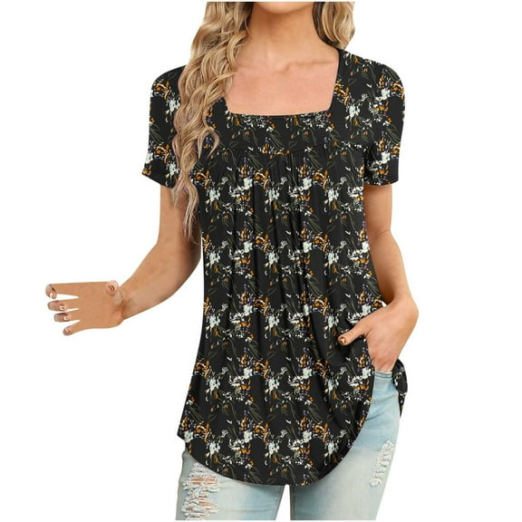 QENGING Womens Clothes Tops Floral Printed Casual V-Neck Short Sleeve Loose T-Shirt Pullover Black 2XL Summer