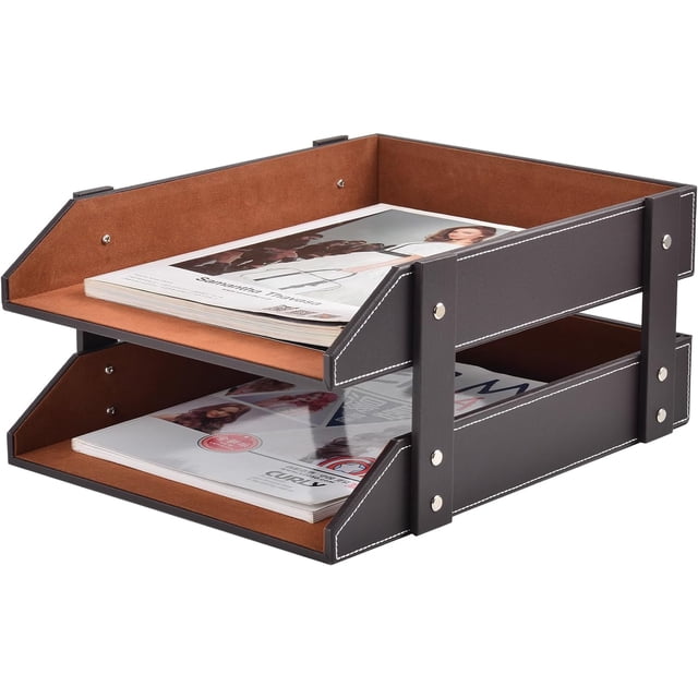 Leather Desk File Supply Organizer,Stackable Office File Document Tray for Files, Folder, Stationery, Magazine, Newspaper, Mail, Home Sundries Desktop Organization Holder,Coffee