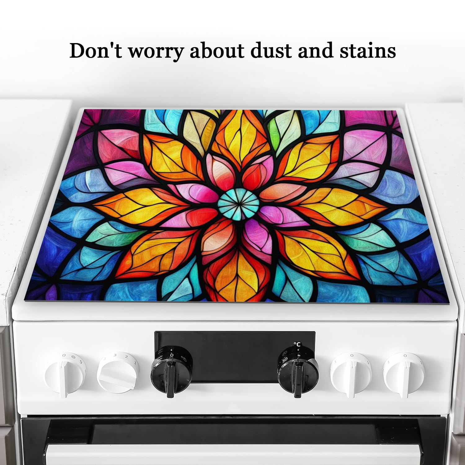 Square Stove Mat for Electric Stove, Mandala Flower Stained Glass Window Print Heat Resistant Glass Cooktop Cover, Multipurpose Protector Pad for Kitchen RV (28×20 Inch)