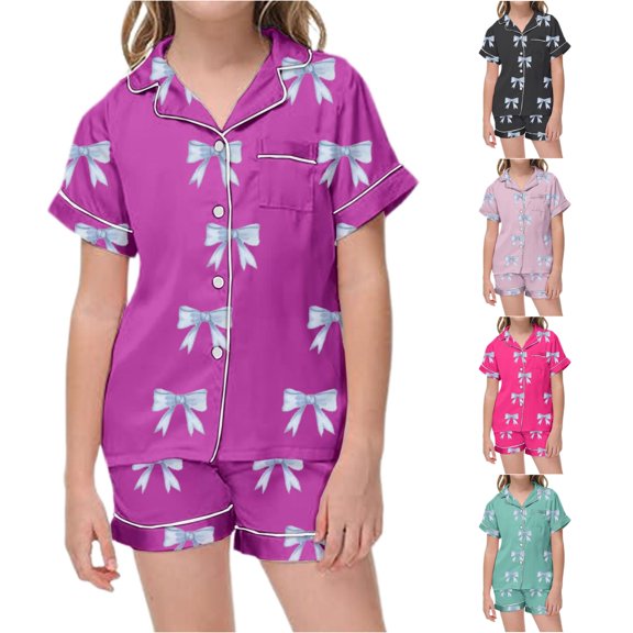 Weebloom Little Girl Pajamas Cute Bow Set Soft Printed Pajamas Short Sleeve Button Down Tops And Shorts Kids Toddler Sleepwear Nightwear Pjs Loungewear Purple 6-7 Years