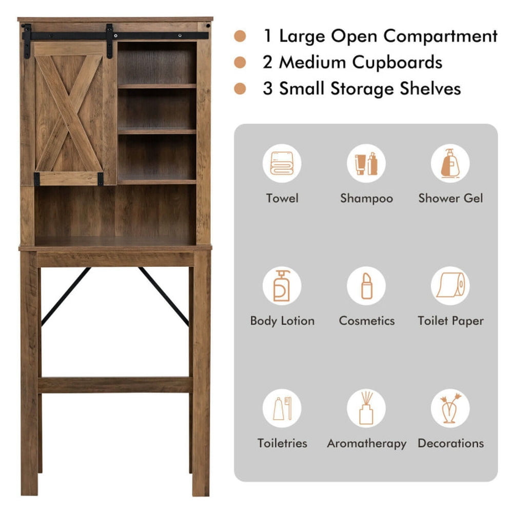 Finihen Toilet Storage Cabinet, Bathroom Cabinet Organizer, Wooden Bathroom Storage Cabinet with Sliding Barn Door and 3-level Adjustable Shelves, for Bathroom, Rustic Brown