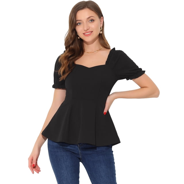 Top peplum con volantes para mujer Blusa elegante de trabajo de oficina con cuello de corazón y mangas abullonadas Negro XS