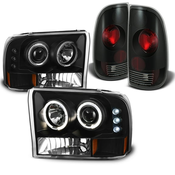 AKKON - For Ford F-Series SuperDuty Black Bezel Dual LED Projector Headlights Replacement   Tail light Set