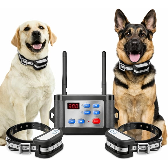 Wireless Dog Fence System for 2 Dogs, Rechargeable Electric Dog Containment System with LCD Display, Adjustable Warning Levels, 300M Range Invisible Pet Fence with Waterproof Training Collars