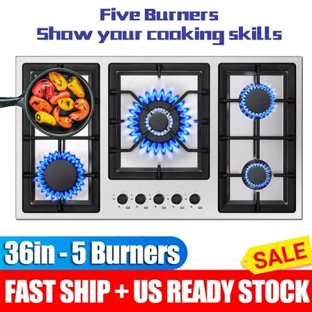 36 Inch Gas Cooktop, 5 Burner Gas Stove Top Total 34,588 BTU, Built-in Stainless Steel 36 Inch Gas Hob with Thermocouple Protection, LPG/NG Convertible Propane Cooktop