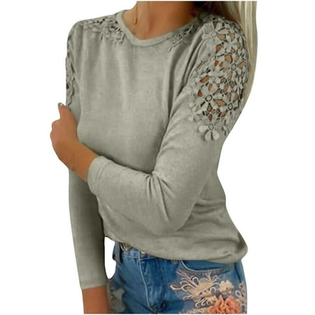 

Kakina CMSX Womens Tops Plus Size Clearance Women Casual Solid Round-Neck Lace Hollow Out Long Sleeve Pullover Slimming Blouse T-shirt Tops