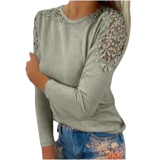 Puntoco Mujeres Casual Sólido Cuello Redondo Encaje Hollow Out Manga Larga Pullover Blusa Adelgazante Camiseta tops Puntoco Puntoco-2844