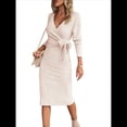 thumbnail image 2 of Vestido de Suéter de Larga para Mujer, Vestido Ajustado con Abertura Lateral, Otoño, Midi, , Escote en V Profundo, Ajustado, Albaricoque XXL, 2 of 8