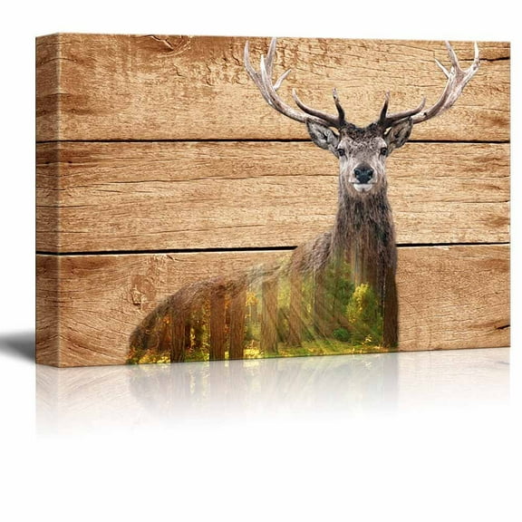 wall26 - Double Exposure Rustic Canvas Wall Art - Elk Deer in The Wild on Vintage Wood Background - Giclee Print Modern Wall Art | Stretched Gallery Wrap Ready to Hang - 16x24 inches