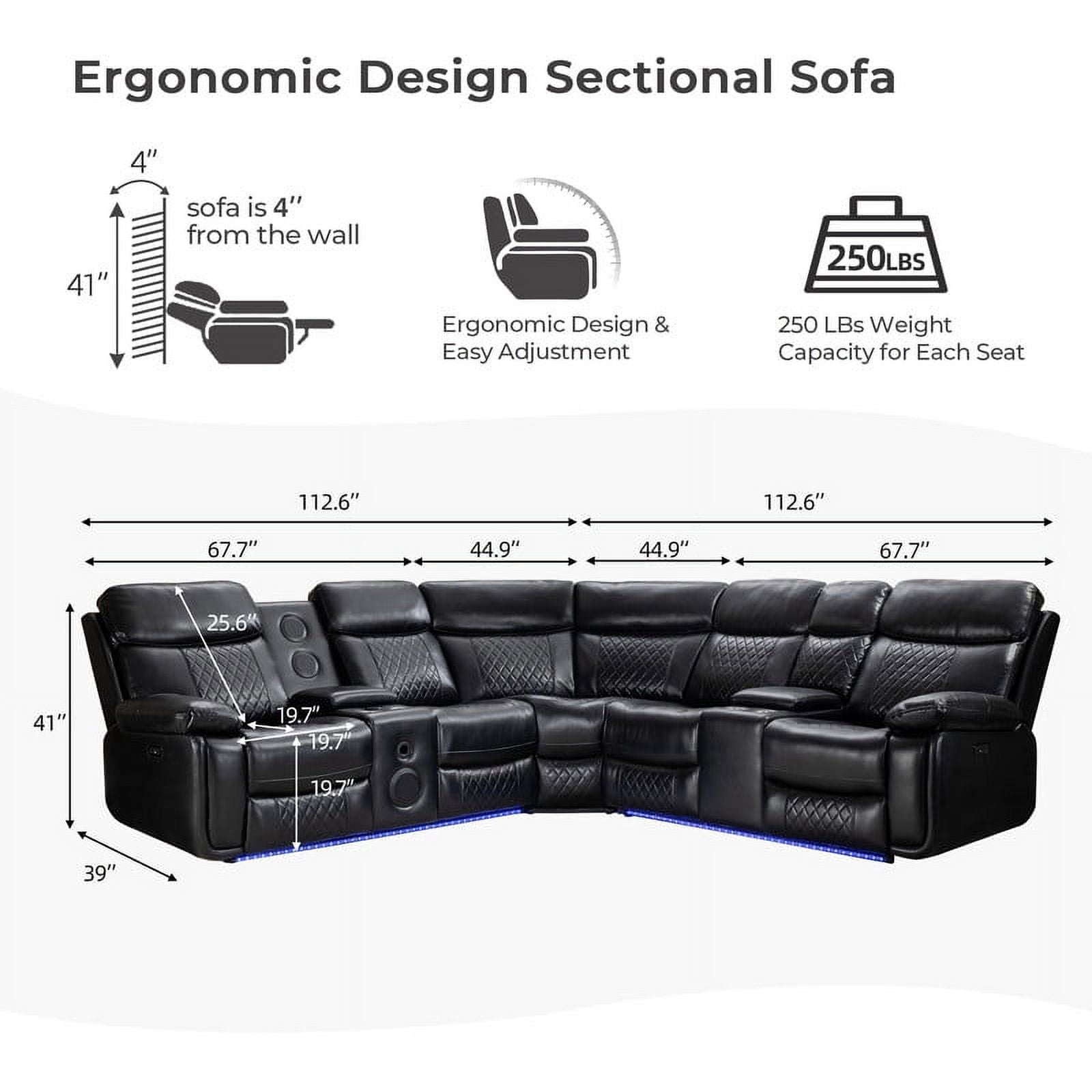 Comfort Stretch 5 Seats Power Recliner Sofa Sets with Speaker,Black Faux Leather Reclining Sectional Couch for Living Room Furniture Sets with USB Port,Storage Console,Cup Holders,LED Lights