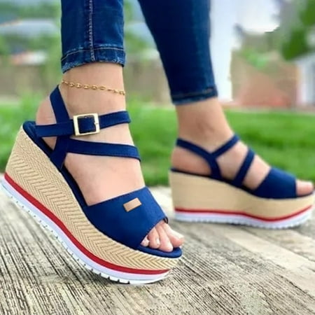 

Sandals Women Fashion Women S Casual Shoes Breathable Slip-On Outdoor Leisure Wedges Sandals Womens Sandals Canvas Blue 39