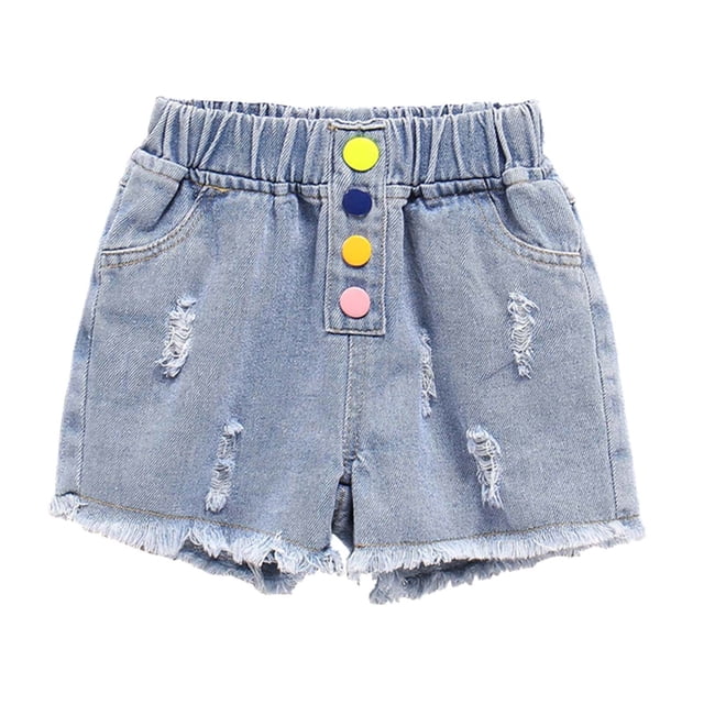 FAIWAD Girls' Stretch High Waisted Ripped Denim Shorts, Elastic Waist, Button Front, Straight Leg