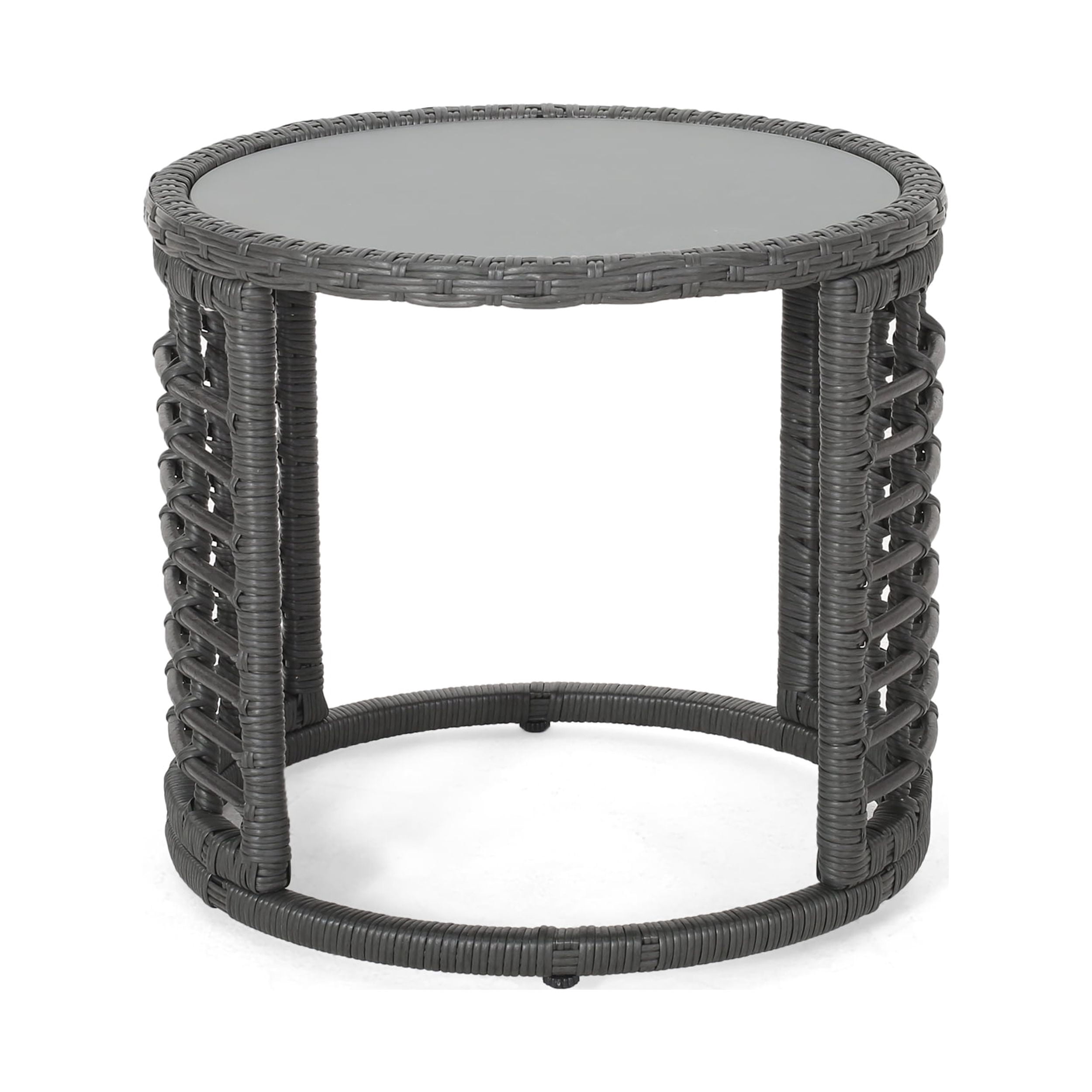 Harrisburg Outdoor Modern Boho Wicker Side Table with Tempered Glass Top, Gray