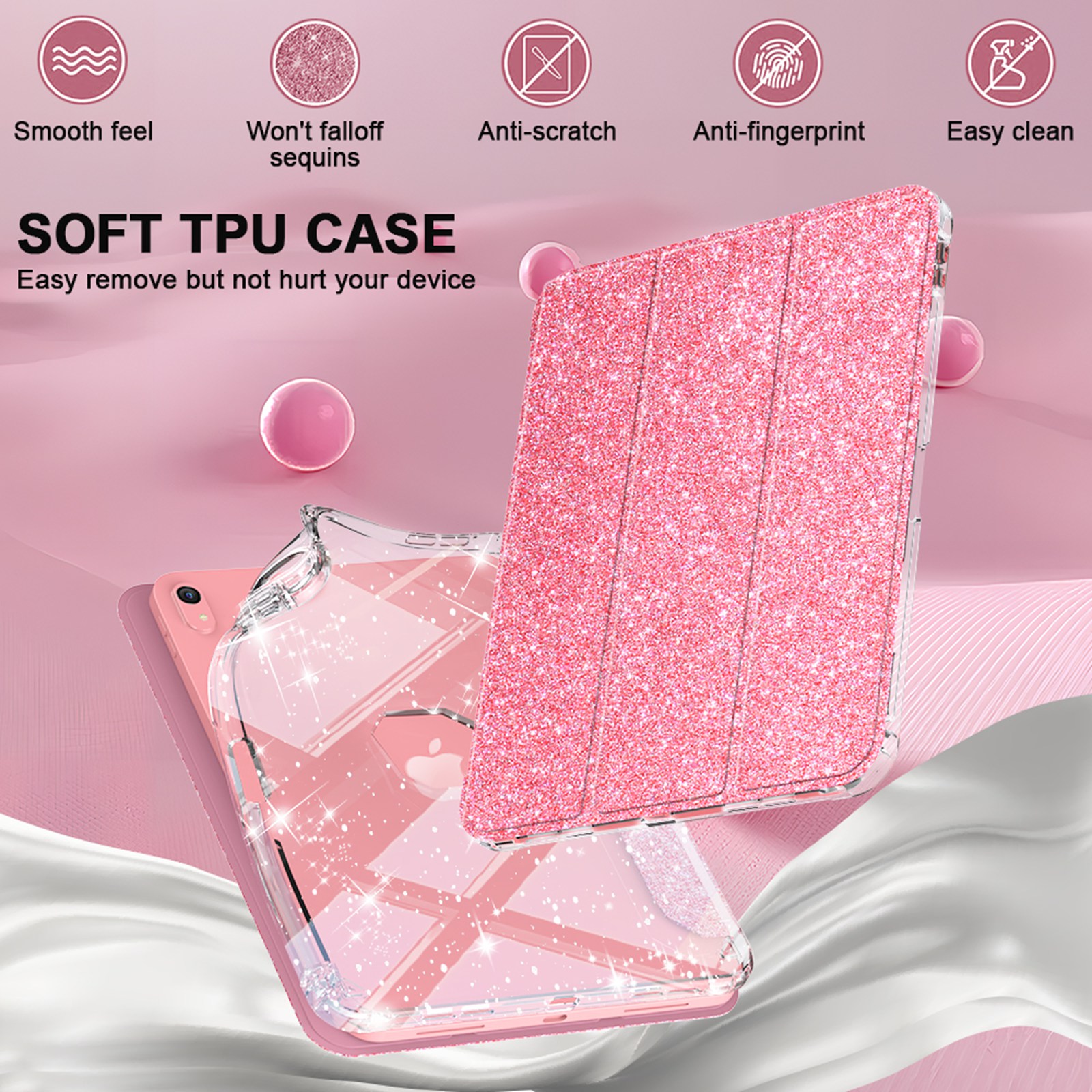 ELEHOLD Glitter Case for  iPad 9th/8th/7th Generation with Pencil Holder,  Auto Sleep/Wake Magnetic Stand Cover, Sparkly Clear Back Shell with Tri-Fold Stand , Pink