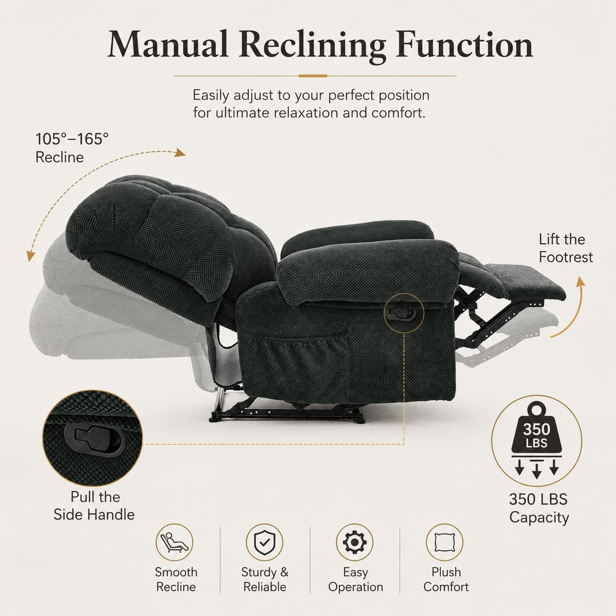 Aukfa Overstuffed Manual Recliner Chair, Upholstered Glider Lounge Armchair with Footrest for Bedroom Reading,Gray