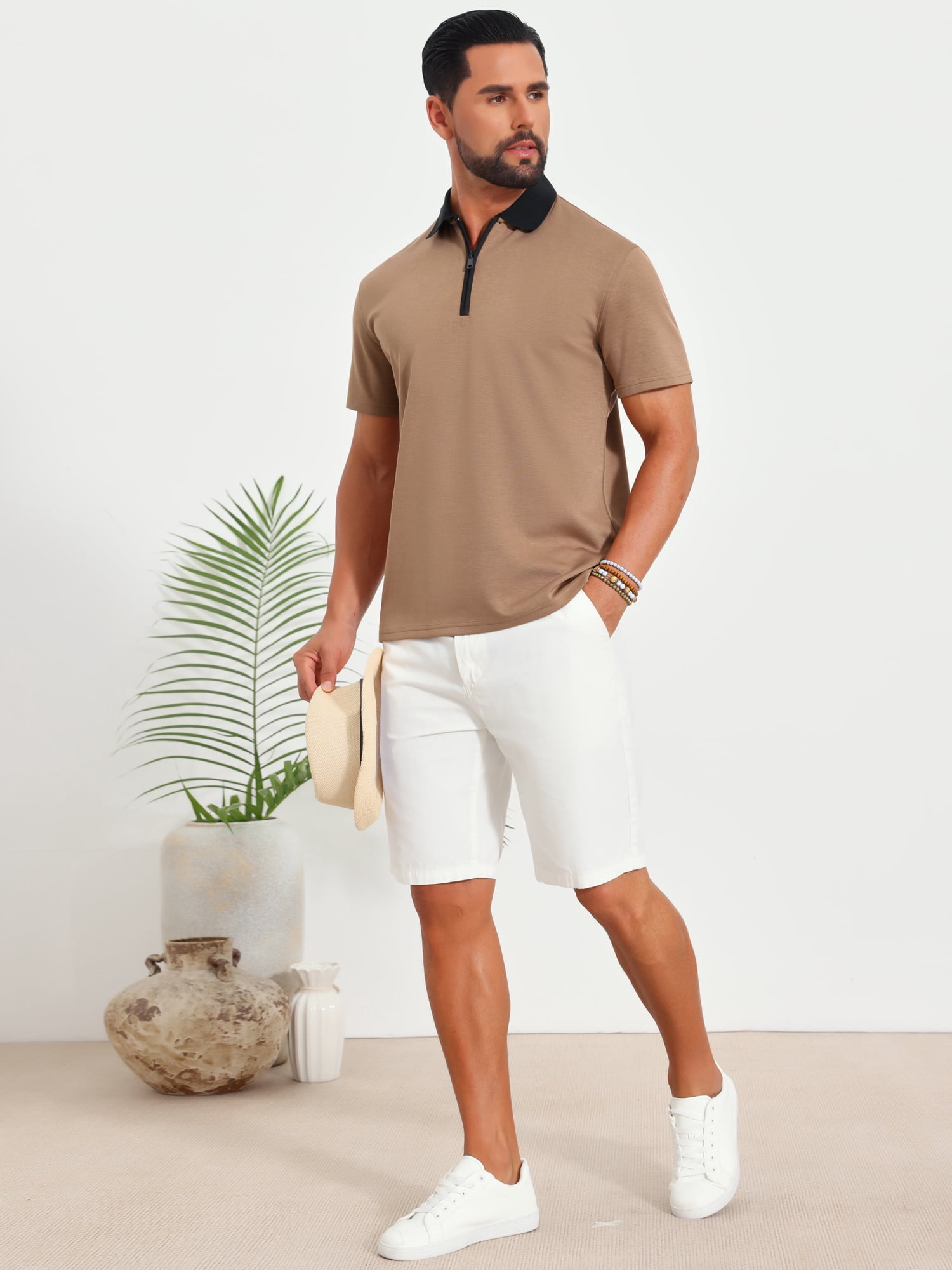 DARING DIVA Men's Zipper Closure Colorblock Short Sleeve Basic Polo Shirt 2XL Khaki