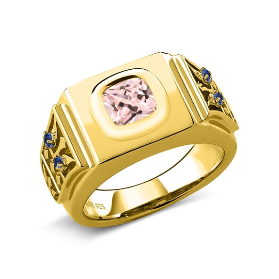 Gem Stone King 2.04 Ct Peach Nano Morganite Blue Created Sapphire 18K Yellow Gold Plated Silver Men's Ring (Size 10)