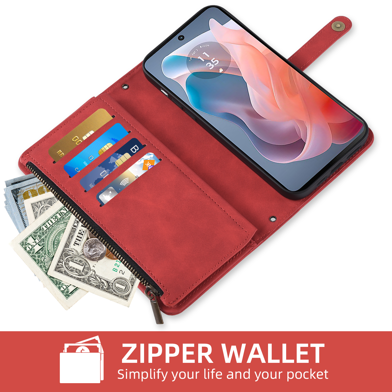 Asuwish Phone Case for Motorola Moto G Play 4G 2024 Wallet Cover With Tempered Glass Screen Protector Crossbody Wrist Strap Flip Pattern Zipper Credit Card Holder Cell XT2413V XT2413-1 64GB Women Red