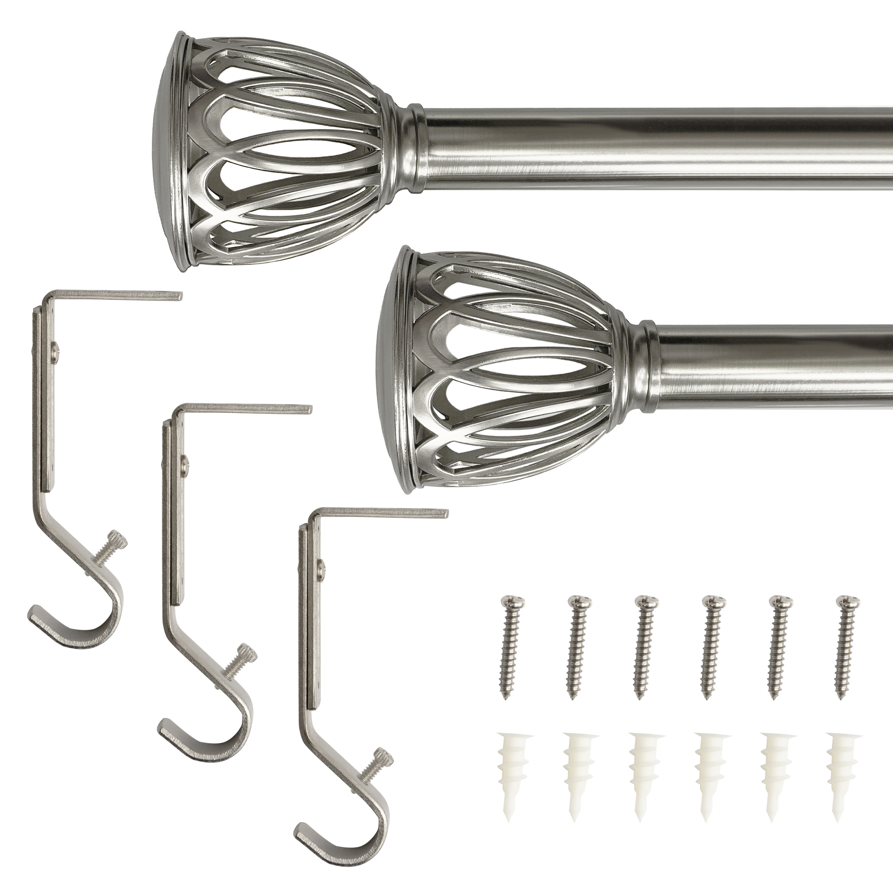 Lumi 72 " - 144 " Adjustable 1 " Single Curtain Rod Set in Brushed Nickel with Cage Finials