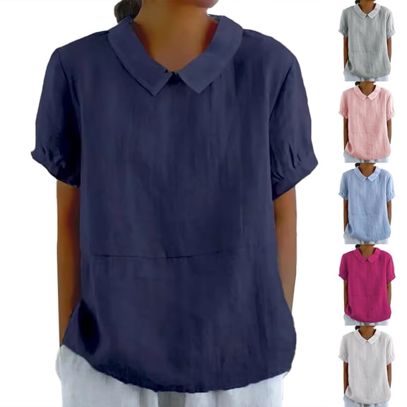YVNAURA Plus Size Cotton Linen Shirt for Women Breathable Short Sleeve Blouse Loose Fit Button Down Camp Collar Top Lightweight Summer Casual Tunic 2026, Blue,L