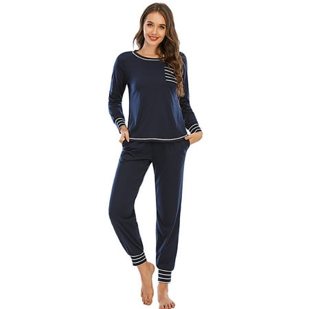 

Women s Long Sleeved Pajamas Wristband Nightshirt with Drawstring Waist Pajamas Long Pants Pockets Two Piece Super Soft Cotton Cuffed Sleepwear Loungewear Pjs Sets S-2XL Blue