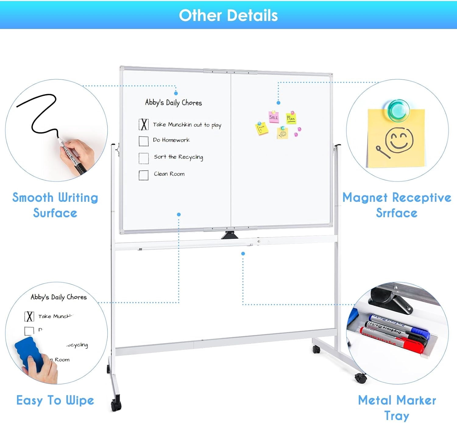 Maxtek Rolling Whiteboard, 48x36 Large Magnetic White Board with Stands, Double-Sided Dry Erase Board on Wheels for Homeschool, Office, School