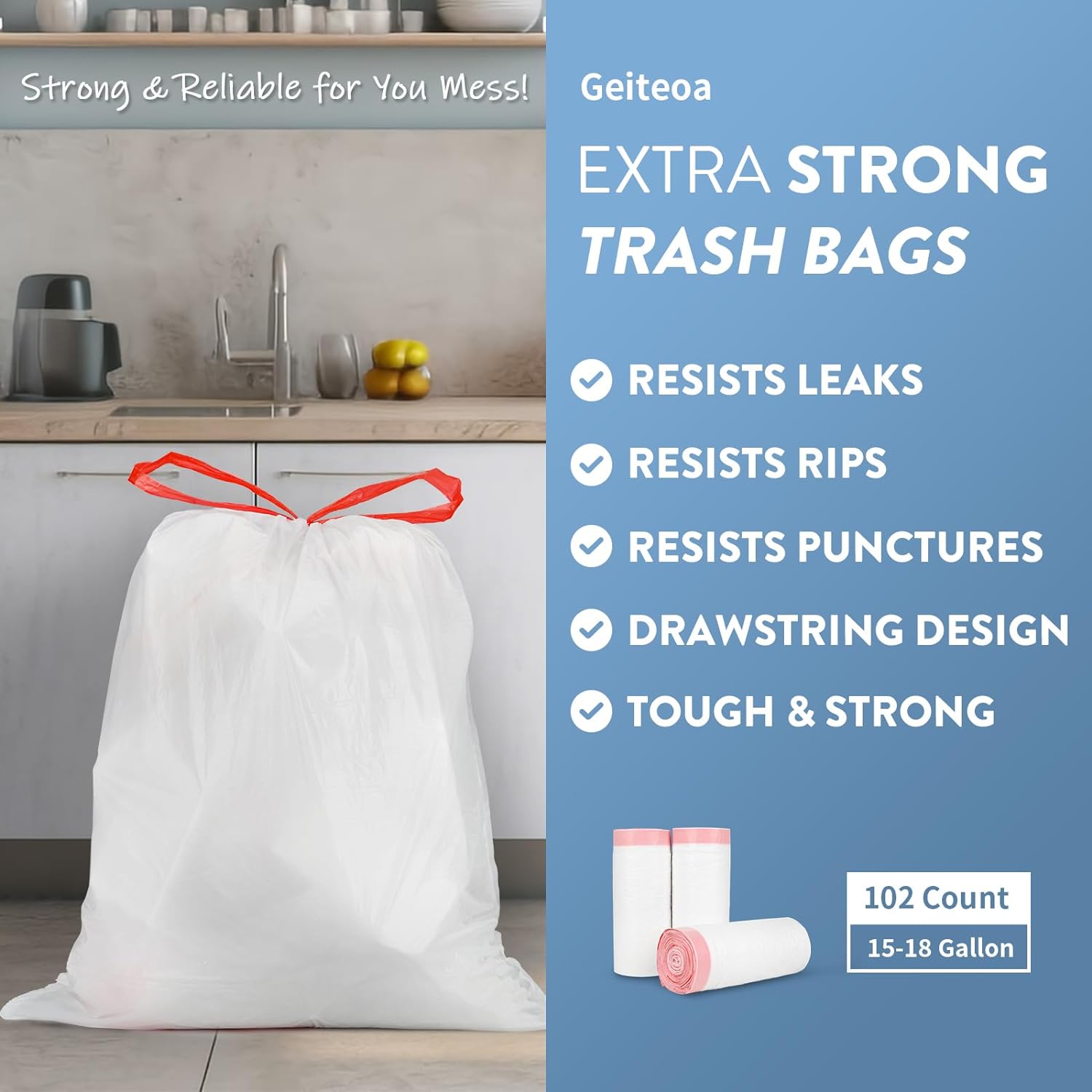 Drawstring Trash Bags - Ultra Large Trash Can Liners, Heavy Duty Strong White Plastic Garbage Bags for Home Kitchen Office Lawn Commercial