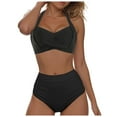 thumbnail image 3 of Huesdet Women Two Piece Swimsuits Ribbed One Shoulder Bikini Sets Mid Waist Bathing Suit(D-Black,S), 3 of 9