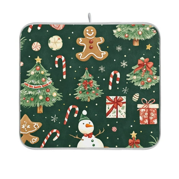 Yayeee Dish Drying Mat for Kitchen Counter 16"x18" Microfiber Absorbent Pad, Green Christmas Trees