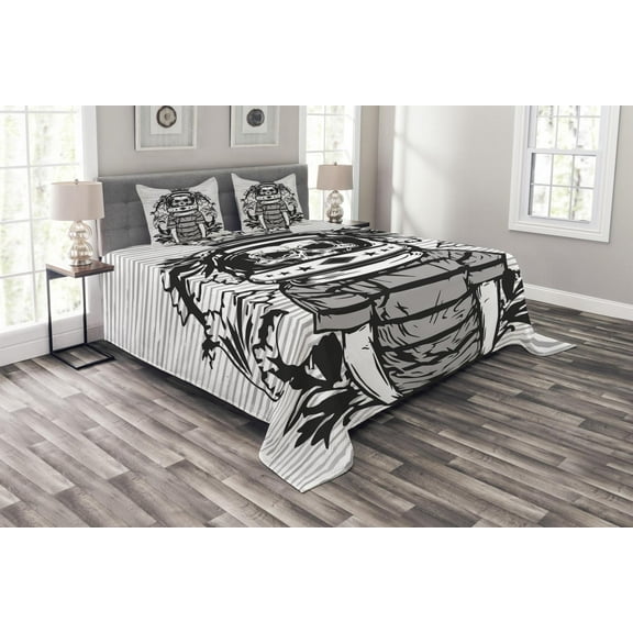 Ambesonne Skull Quilted Bedspread Set 3 Pcs, Skull Astronaut Man, King Size, Black and White