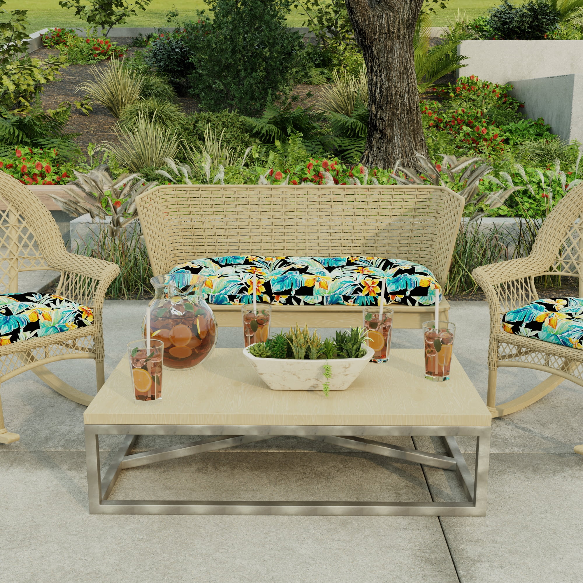 Jordan Manufacturing 44" x 18" Beachcrest Caviar Black Floral Rectangular Tufted Contoured Outdoor Wicker Settee Bench Cushion