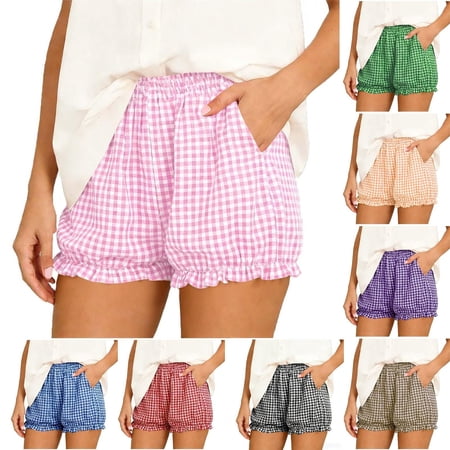 AGWOLF Womens Ruffle Boxer Shorts Gingham Pajama Casual Summer Plaid Sleep Lounge Shorts Y2K Beach Bottoms with Pockets Blue XXL