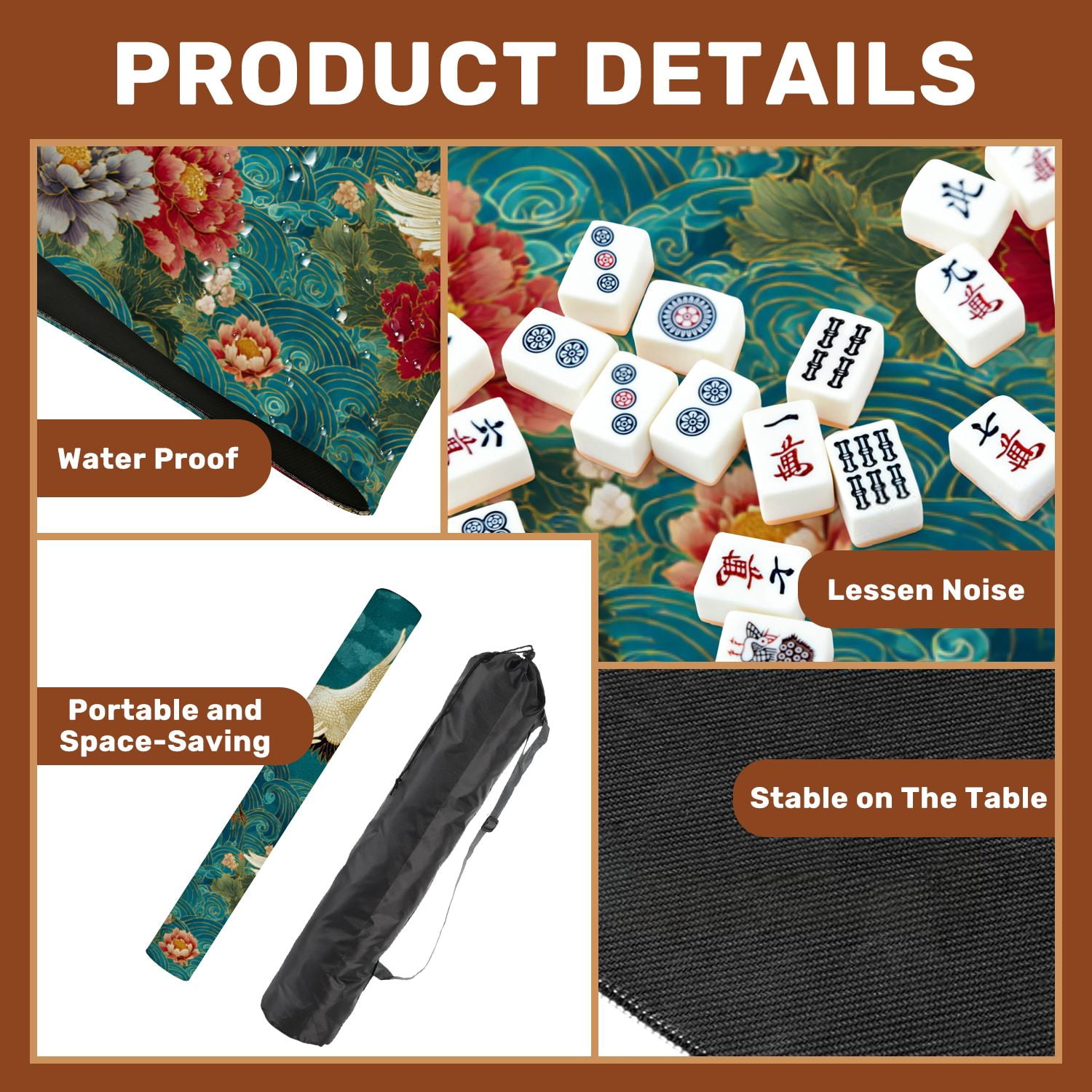 Mahjong Mat 31.5" x 31.5" Japanese seamless crane birds elements Asian Non-Slip Noise Reduction American Mahjong Tiles Table Cover for Dominoes Poker Card Board Games Gift