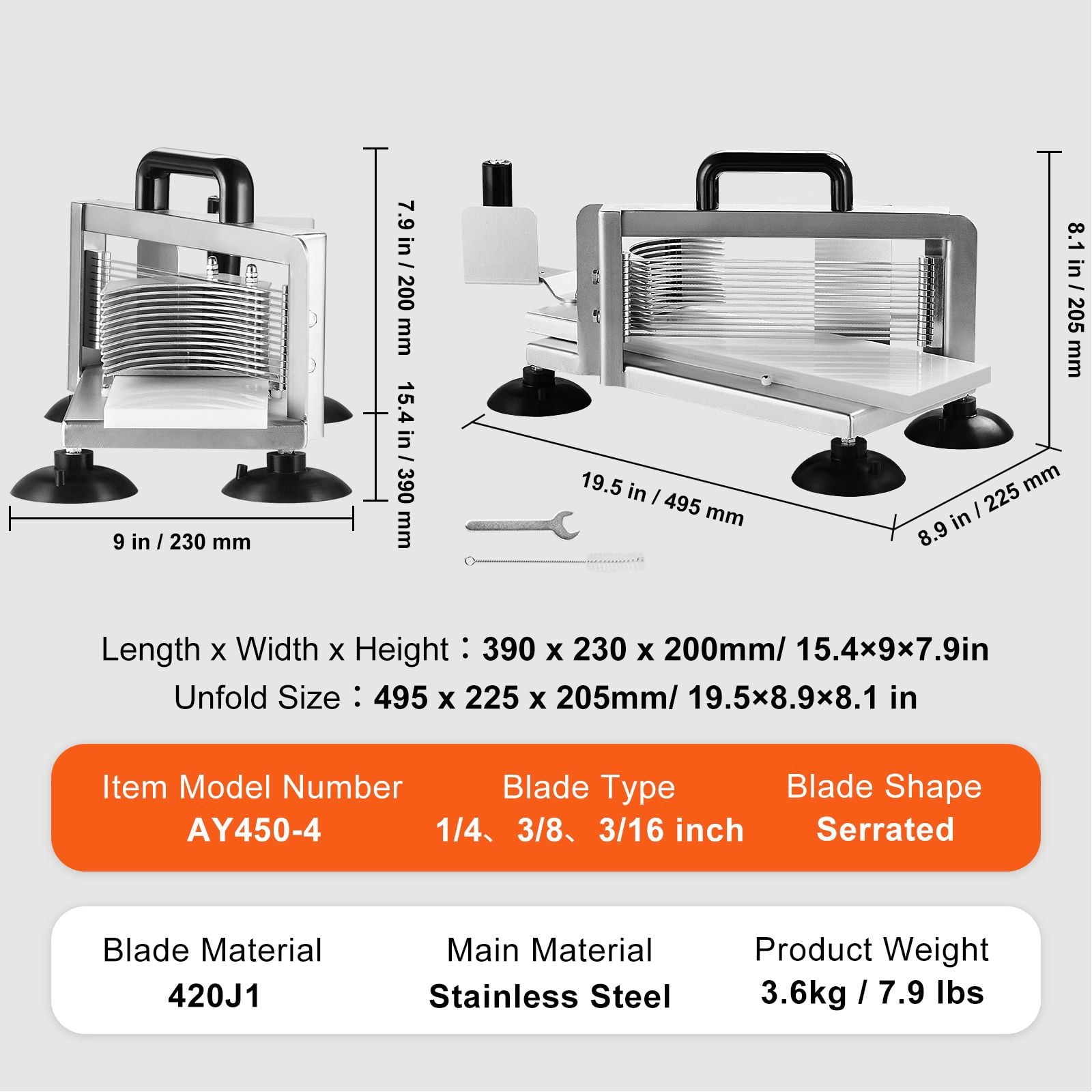 Manual Tomato Slicer with Interchangeable 1/4", 3/8", 3/16" Blades, 420J1 Steel, Suction Feet, for Commercial Kitchen