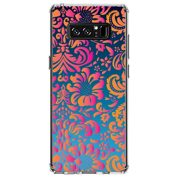 DistinctInk Clear Shockproof Hybrid Case for Samsung Galaxy Note 8 - TPU Bumper, Acrylic Back, Tempered Glass Screen Protector - Pink Orange Blue Flower Floral