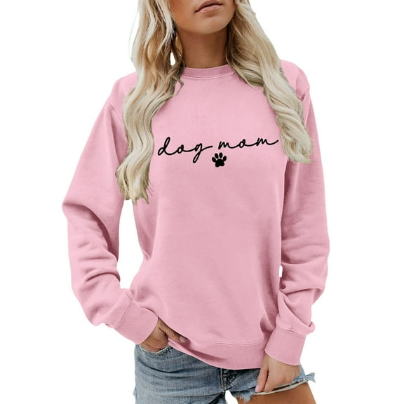 Arlun Dog Mom Sweatshirts Cute Paw Graphic and Letter Printed Pullovers Funny Mama Life Long Sleeve Sweatshirts Womens Crewneck Dog Lover Pullover Tops Pink XL