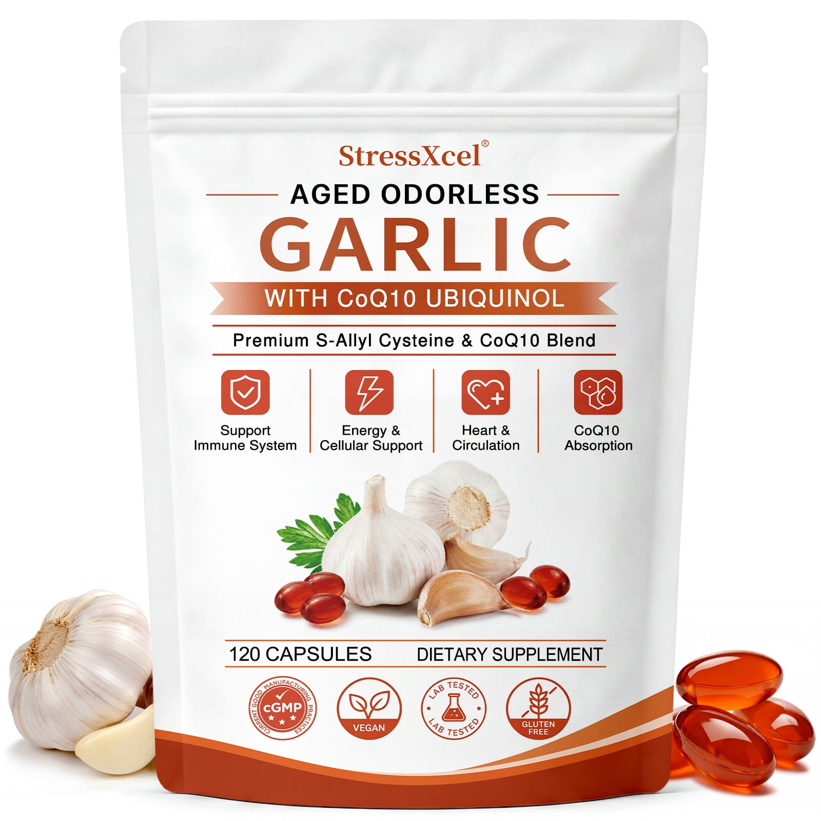 StressXcel Aged Odorless Garlic Extract 1200mg Softgels, with CoQ10 Ubiquinol & Vitamin K2‑MK7, Daily Wellness Supplement, 120 Capsules