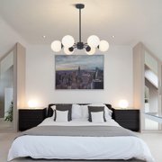 KCO Lighting Matte Black Sputnik Chandelier, Mid Century 6-Light Milk Glass Ball Chandelier, Modern Globe Ceiling Light