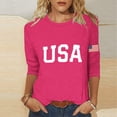 thumbnail image 2 of Rggeeun Women Shirts Solid Color U.S.A. Letter Print Crew Neck 3/4 Sleeve With Us National Flag Graphic For 4Th Of July Festive Celebration Versatile Basic Tee,Hot Pink,S, 2 of 5