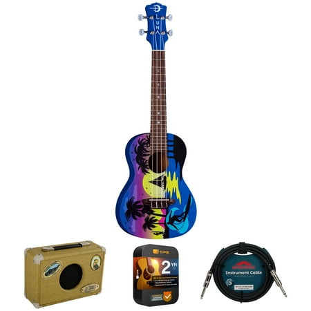 Luna UKE KAUWELA C Kauwela Summer Concert Ukulele with Satin Graphic Finish with Gigbag Bundle with Luna Portable 5w Ukulele Amplifier, 10ft Instrument Cable and 2 YR CPS Enhanced Protection Pack