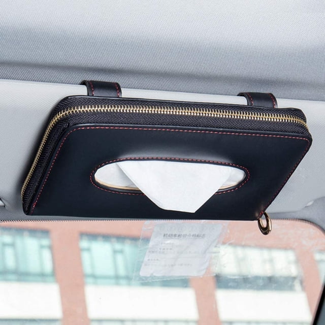 Porta pañuelos para parasol de coche, caja de pañuelos para coche, porta pañuelos para parasol de coche, funda de pañuelos de cuero PU para asiento trasero con cremallera para coche/vehículo (negro)