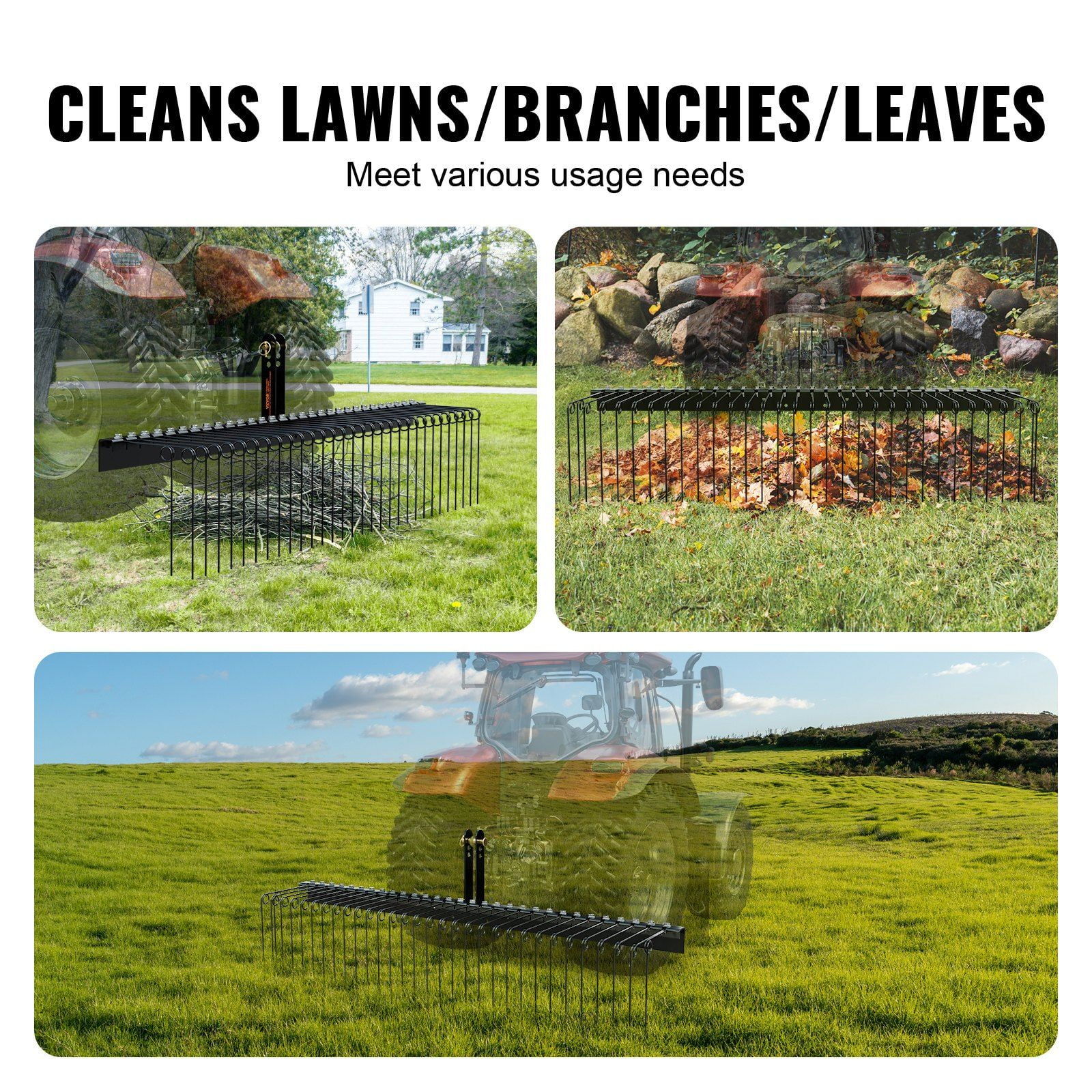 72 Inch Tow Behind Landscape Rake Dethatcher with 32 Steel Tines for Tractor Category 1 3 Point Hitch Handles Leaves Pine Needles Straw Grass