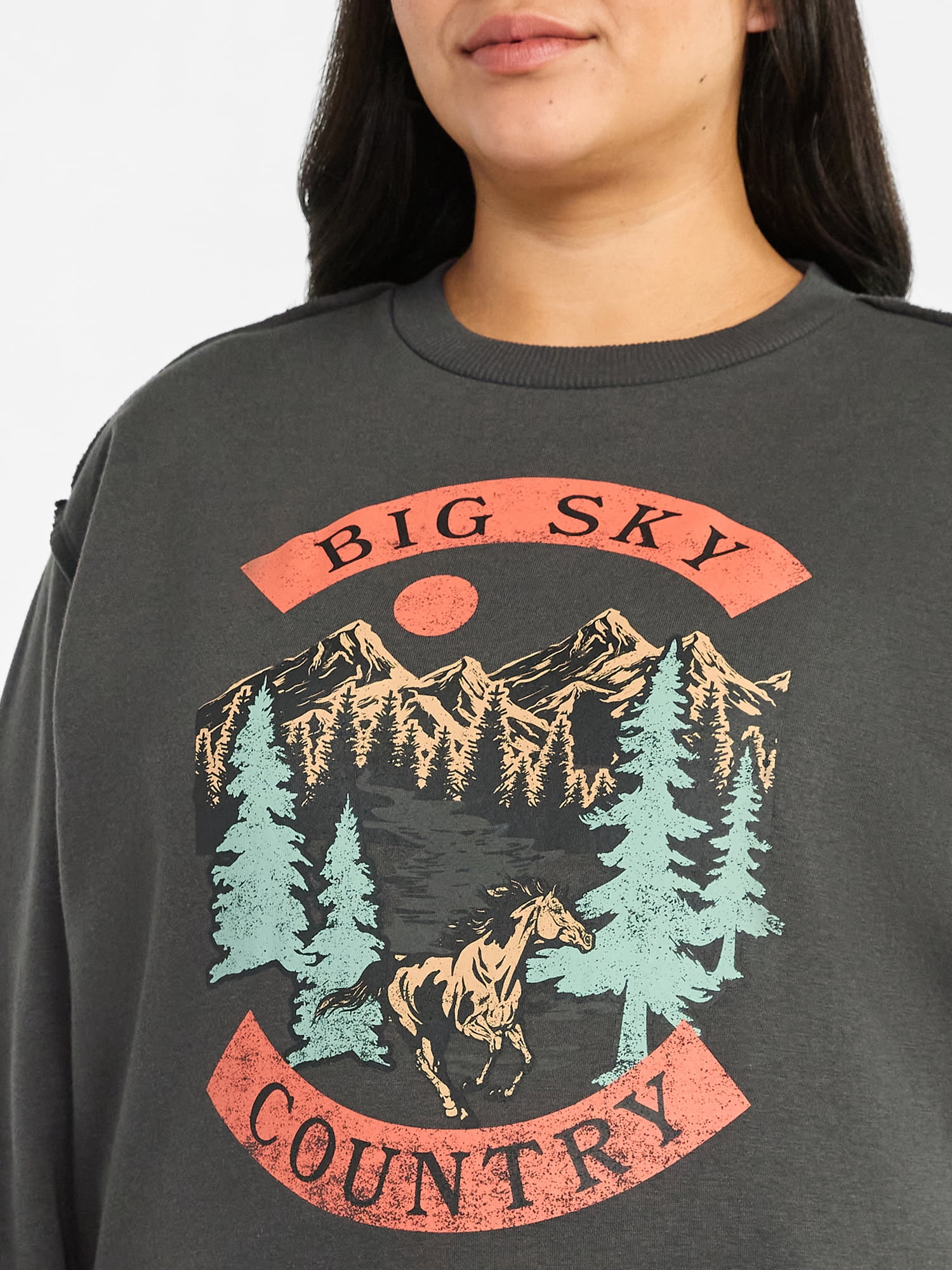Terra & Sky Women's Plus Size Big Sky Midwest Graphic Sweatshirt with Long Sleeves, Sizes 0X-4X