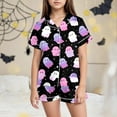 thumbnail image 2 of XZNPDUCQ Girls' Halloween Pajama Sets Pumpkin Bat Print Button Down Short Sleeve Shorts Pjs Satin Soft Sleepwear Halloween Home Short Sleeve T+Shorts Pajama Set (2-3 Years,Purple), 2 of 5