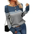 thumbnail image 3 of Women Autumn Winter Colorblock Pullover Sweaters Round Neck Striped Slim Fitting Knitwear Tops, 3 of 9