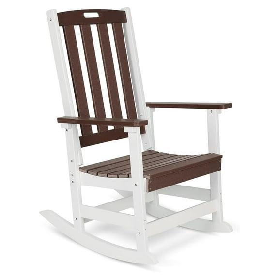 Outdoor Rocking Chair, Ergonomic HDPE Rockers with All-Weather Design for Patio or Porch, Brown and White